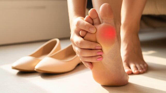 Woman suffering from foot pain or metatarsalgia while sitting with her shoes off