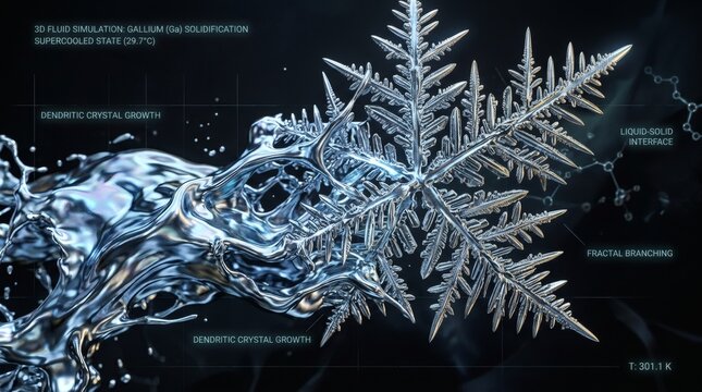 3D simulation of gallium solidification showing dendritic crystal growth and fractal branching