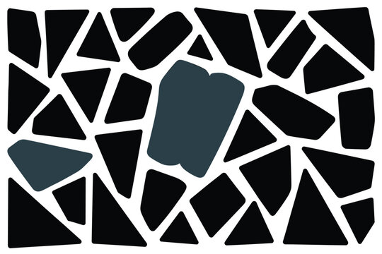 Abstract mosaic arrangement of black geometric shard pieces with a few dark slate grey stones, broken structure art concept