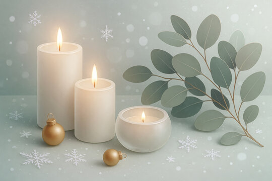 A Minimal Winter Still Life with Glowing Candles, Eucalyptus Leaves and Golden Ornaments