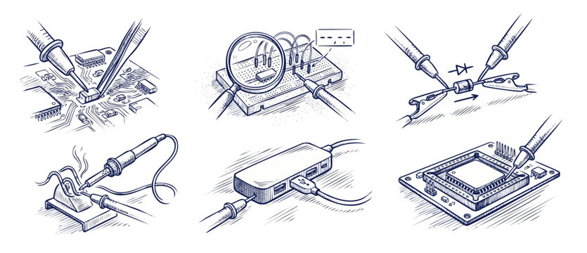 Electronics sketch set circuit testing engineering diagrams showing soldering, breadboard, microchip, and multimeter probe prototyping concepts in hand drawn technical illustration style on white.