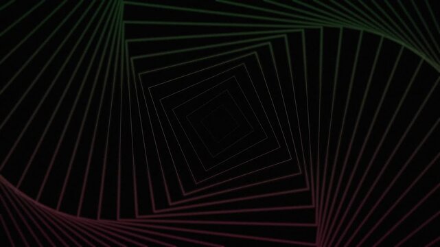 Abstract Neon Square Tunnel Loop &ndash; Futuristic Geometric Spiral Background with Gradient Light Lines 4K Geometric pattern with colorful lines on black background.