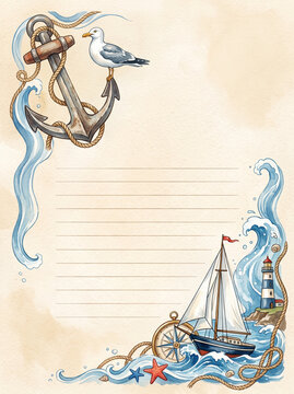 Nautical anchor and sailboat border frame on vintage lined paper background