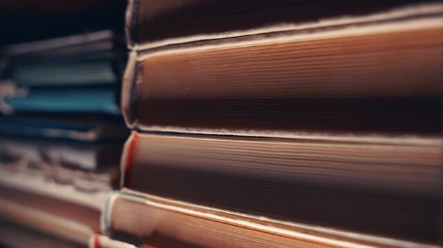Old Books Stack Close-Up: Vertical Camera Movement Down Aged Book Pages in Bookshelf | Macro Shot of Worn Paper Edges | Slow Motion Vintage Library Background