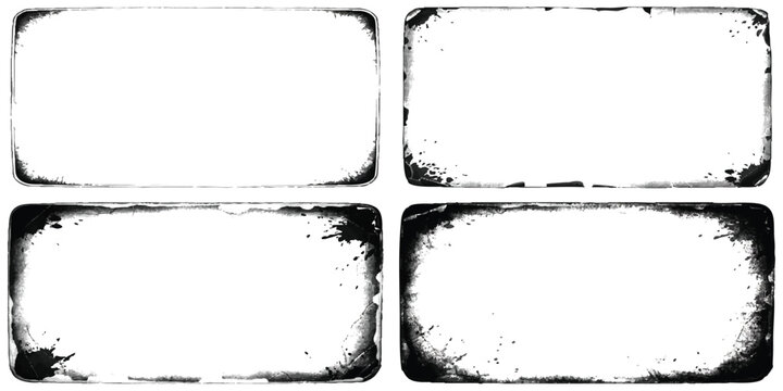 Set of four rectangular frames with rough grunge ink borders and distressed vintage edges