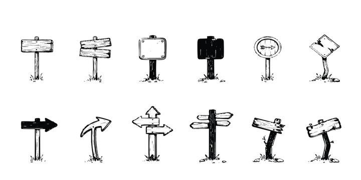 Set of hand drawn wooden sign posts and direction arrows for outdoor navigation and information displays