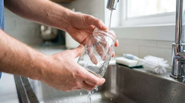 Washing a clear glass mason jar under a running kitchen faucet