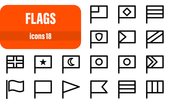 Set of 18 world flags and international symbol line icons