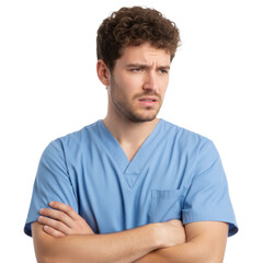 Obraz premium Young caucasian male in blue medical scrubs with curly hair standing with crossed arms against a white backdrop healthcare professional stress concept