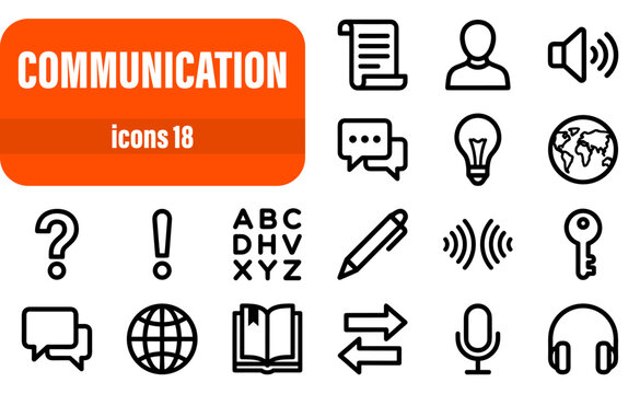 Communication and Messaging Outline Icons Set. Collection of Chat, Language, Information, and Global Connection Symbols.