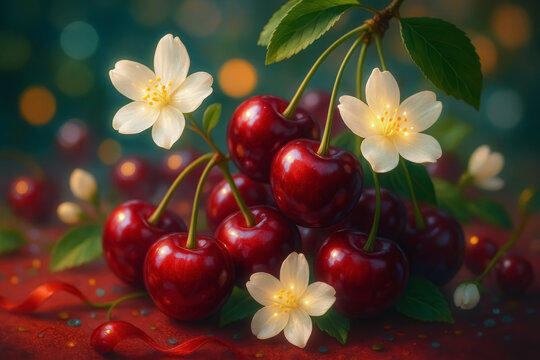 Glossy Red Cherries with Delicate White Blossoms and Fresh Green Leaves