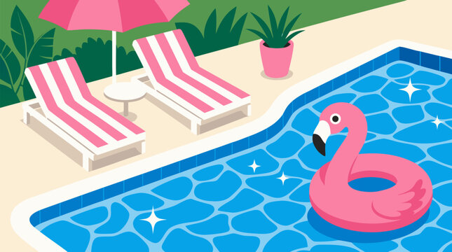 Relaxing poolside scene with striped lounge chairs pink umbrella flamingo float sparkling blue water summer vacation leisure vibrant cartoon vector illustration lifestyle travel resort