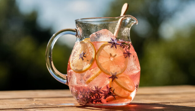 A Refreshing Pink Citrus Lemonade with Ice and Fresh Fruit Slices in a Glass Pitcher