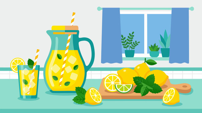 Refreshing summer drink vector illustration showing a glass pitcher of iced lemonade with fresh mint leaves and sliced lemons on a kitchen counter by a sunny window with indoor plants.