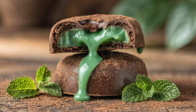 A Decadent Chocolate Dessert with Gooey Green Mint Filling and Fresh Mint Leaves