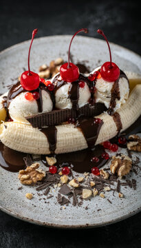 A Decadent Banana Split Dessert with Vanilla Ice Cream, Chocolate Sauce and Cherries
