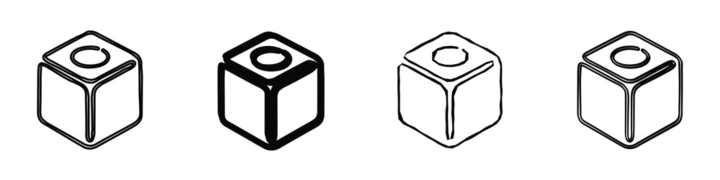 A collection of four minimalist cube icons, each featuring a circular aperture on its upper surface, presented in varying line styles