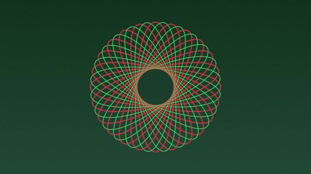 Geometric spirograph animation: rotating red and green intersecting circles on dark green 4k background