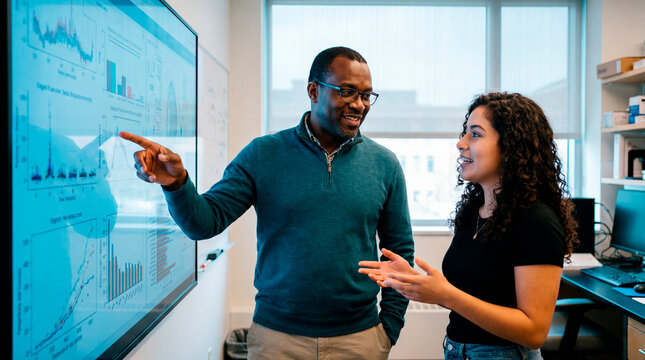 Male scientist presenting data on a screen to a colleague in a laboratory