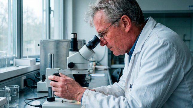 Senior scientist looking through a microscope in a bright research laboratory