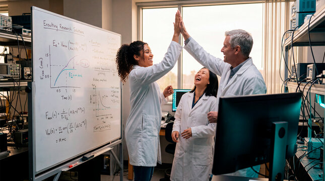 Excited research team celebrating success with a high five in a laboratory