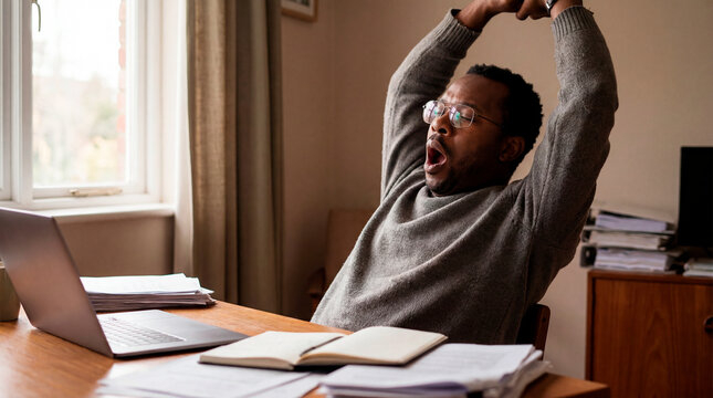 Elated scientist stretching his arms up in celebration at a laboratory desk