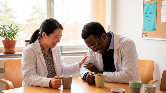 Two scientists sharing a supportive moment at a table in a laboratory break