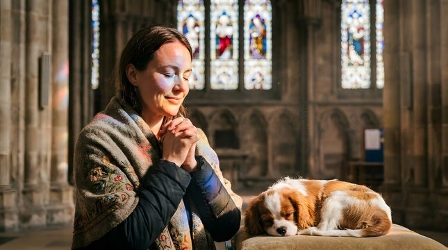 Woman Praying with Dog in Church.