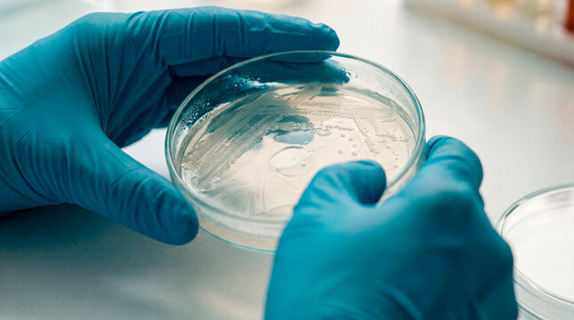 Scientist examining a petri dish culture with gloved hands in a laboratory closeup