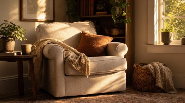 Warm reading nook with upholstered armchair, rust cushion, knitted throws, plants, bookshelves, and golden window light for cozy home decor advertising.