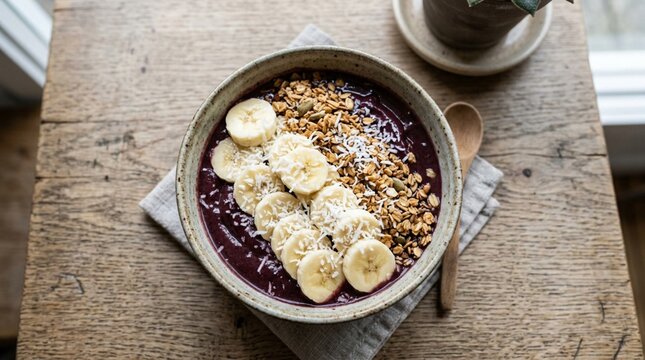 A smoothie bowl topped with banana slices, granola, and shredded coconut sits on a rustic wooden table, perfect for healthy breakfast and wellness marketing.