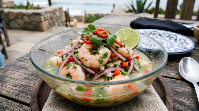 Fresh shrimp ceviche with lime, cilantro, red onion, and chiles in a glass bowl on a rustic seaside table, ideal for restaurant menus or travel dining promotions.