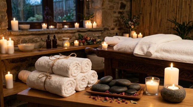 A candlelit rustic spa room with rolled towels, hot stones, and a massage table creates a tranquil wellness setting for retreat or relaxation marketing.