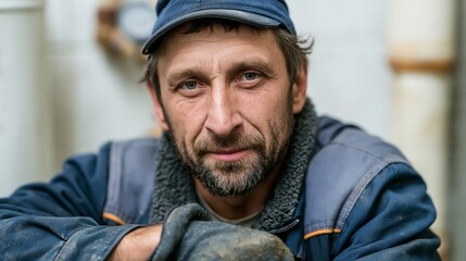 Fototapeta premium Blue collar worker portrait looking at camera, tired man wearing work uniform and cap, serious expression