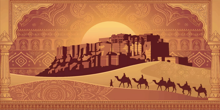 Rajasthan Heritage Palace and Desert Camel Landscape Graphic