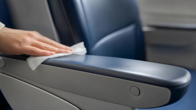 Hand cleaning airplane armrest with wipe for hygiene care, safety, travel comfort, maintenance, and cleanliness ensuring travel safety and hygiene