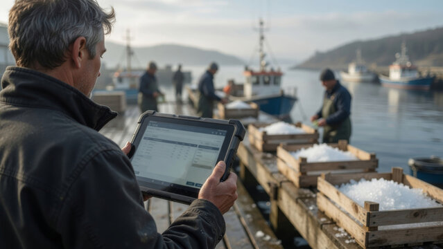 Fisherman managing fishing industry logistics with a tablet at the harbor, ensuring traceability and supply chain efficiency