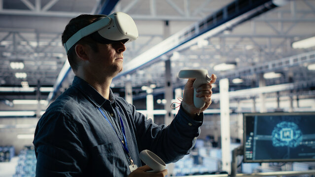 IT specialist uses virtual reality in a data center to adjust AI configurations and improve processing speed.