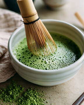 Ceremonial matcha preparation in a serene tea setting