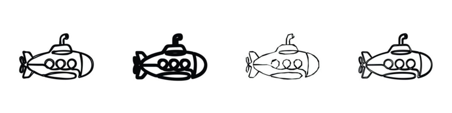 A minimalist drawing of a submarine, featuring a propeller, periscope, and circular windows, presented in a clean outline style