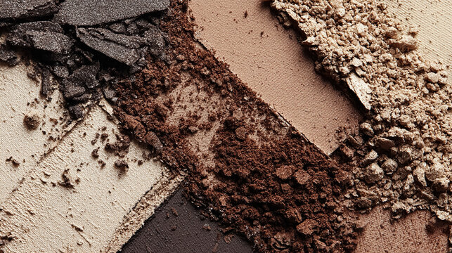 Make up palette with broken brown, black, and beige cosmetic powder creating textured background
