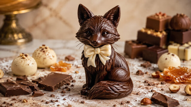 An Elegant Dark Chocolate Fox Figurine Displayed with Truffles, Hazelnuts and Candied Orange