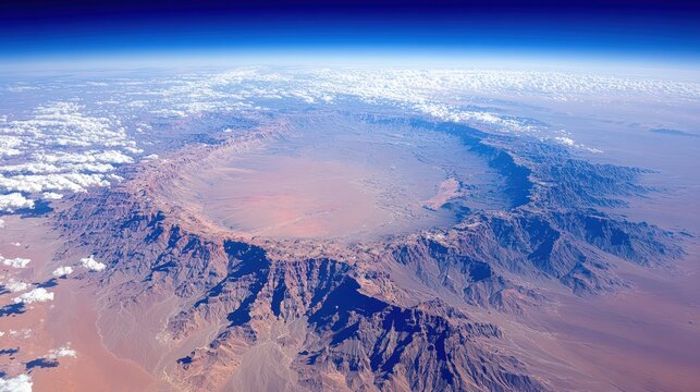 Impact Crater from Space: An immense impact crater, scarred into the arid desert landscape, viewed from high above in the Earth's atmosphere, revealing the colossal scale of cosmic events.