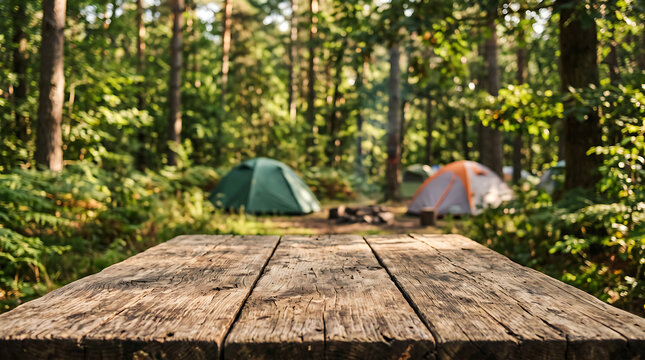 Empty Rustic Wooden Table Surface in Foreground with Blurred Camping Tents in a Scenic Forest Setting for Outdoor Product Display