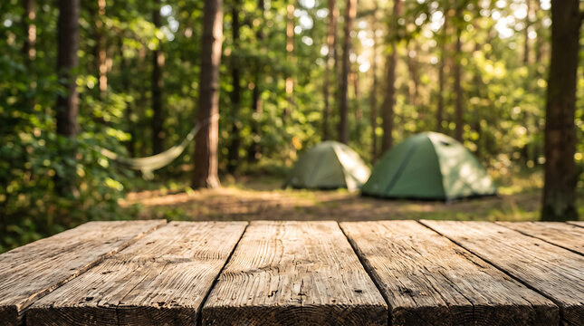 Wooden Table Top Overlooking a Peaceful Forest Campsite with Green Tents for Outdoor Nature Product Display