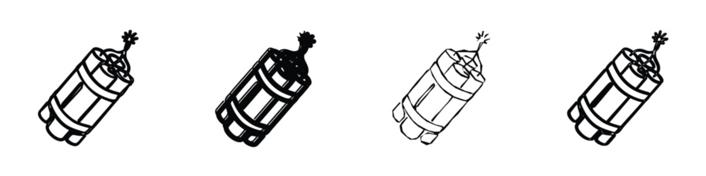 A collection of four stylized illustrations of dynamite bundles, each featuring a lit fuse, representing explosive power and risk