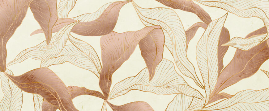 Abstract premium art background featuring exotic plant leaves with gold line elements. Botanical banner for decor, wallpaper, prints, posters, textiles, and interiors.