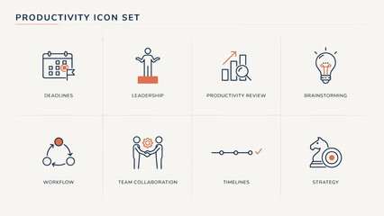 Obraz premium Productivity icons set featuring leadership, brainstorming, workflow, team collaboration, timelines, strategy, deadlines, and productivity review . Vector.Illustration.