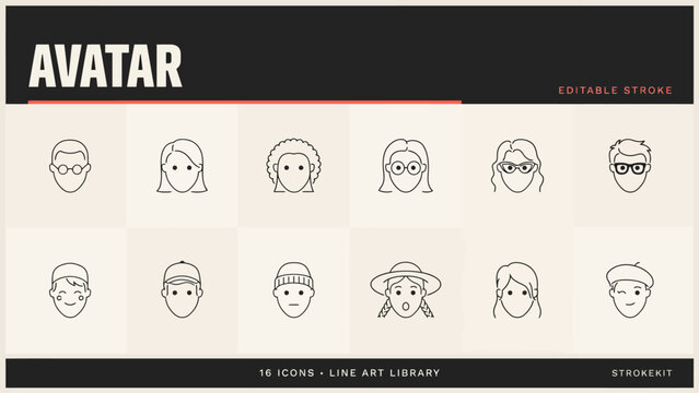 Set of 12 diverse line art avatar icons with glasses and hats in neutral style . Vector.Illustration.