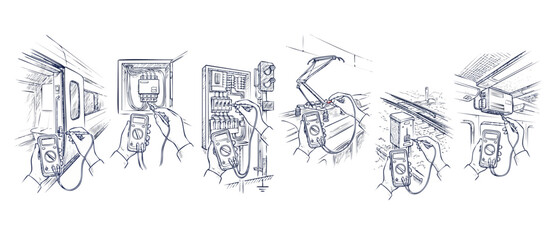 Obraz premium Railway electrician multimeter testing repair hands sketch measuring electrical systems in train maintenance. Line art illustration of voltage inspection, diagnostics, and rail infrastructure services